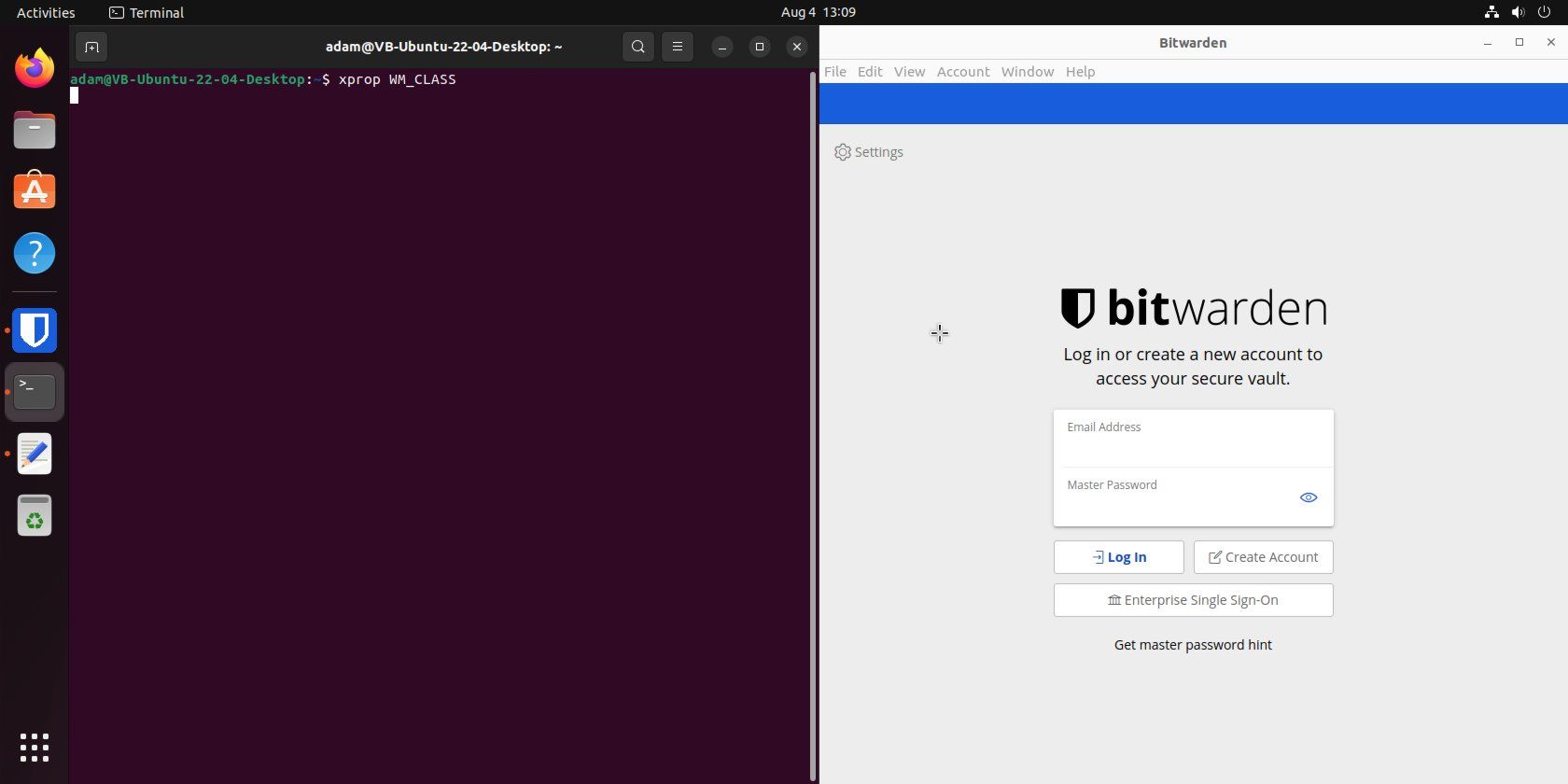 Ubuntu desktop showing Terminal and the bitwarden window