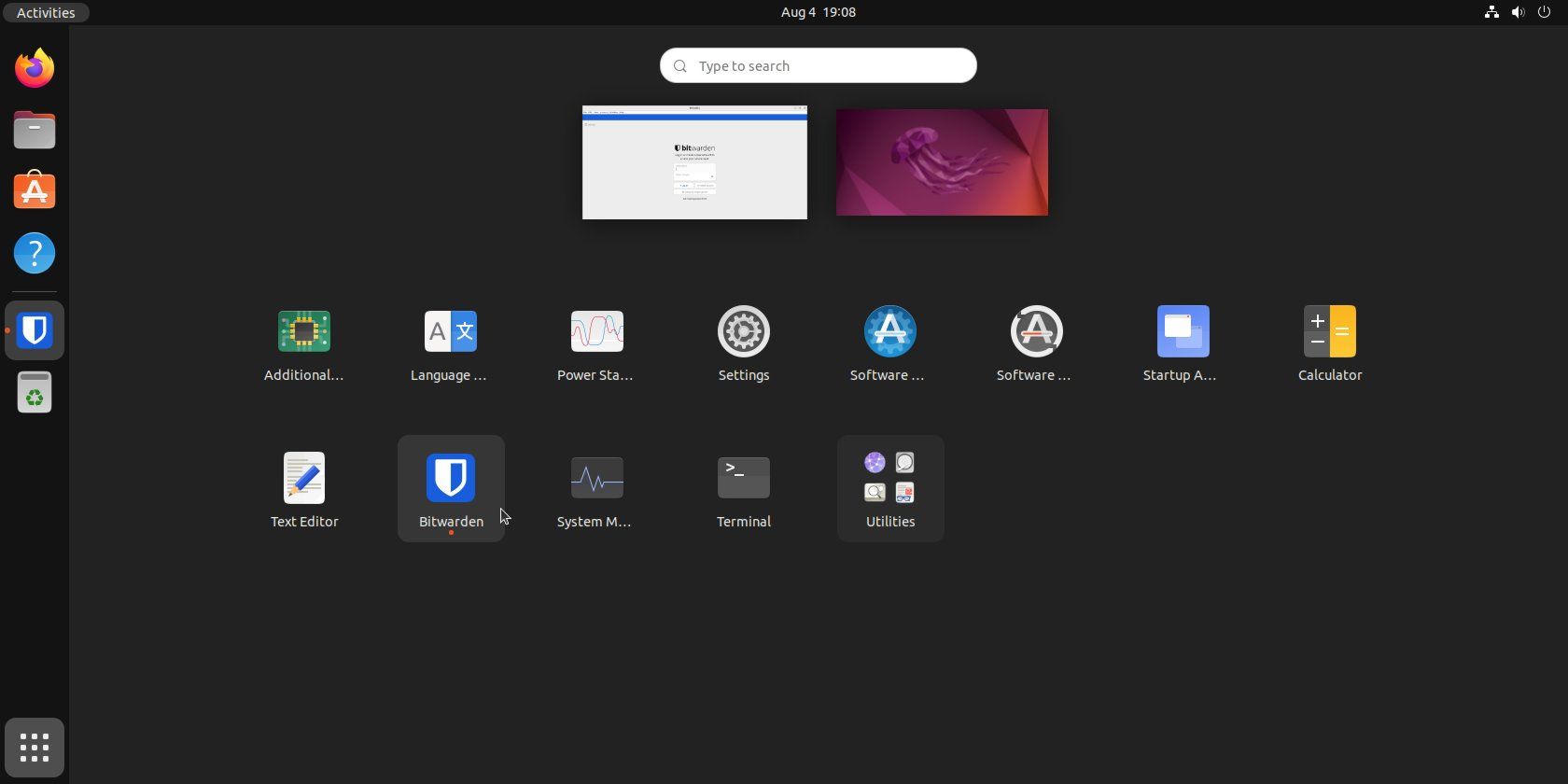 Ubuntu desktop with Bitwarden in the Dock and Applications Menu.