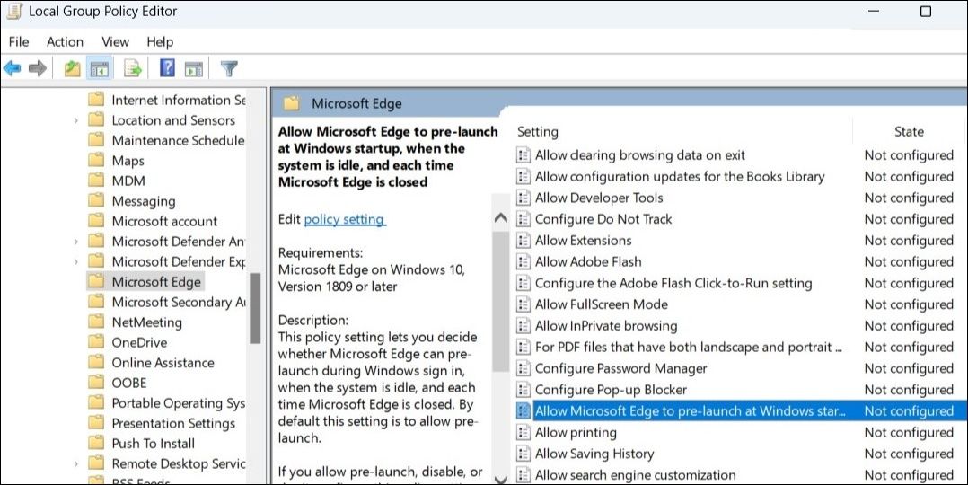 Microsoft Edge pre-launch policy selected in the Local Group Policy Editor Window
