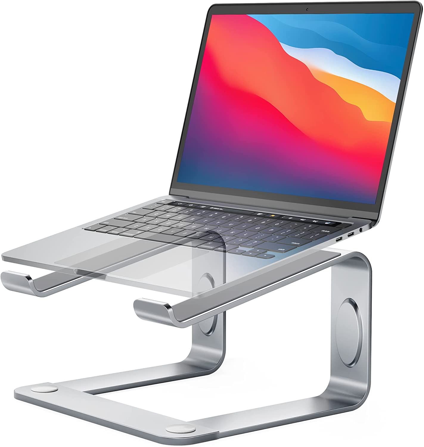 The Loryergo LELSO7 laptop stand with laptop on it