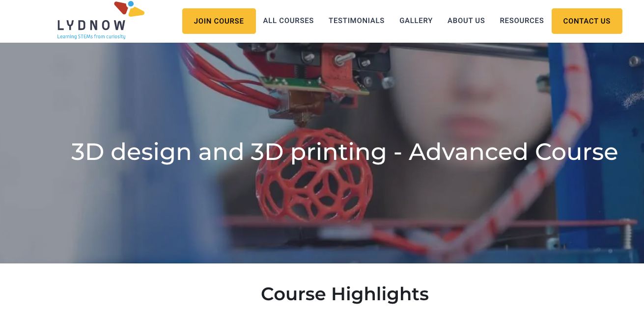 Lydnow 3D Printing Course Homepage Screenshot