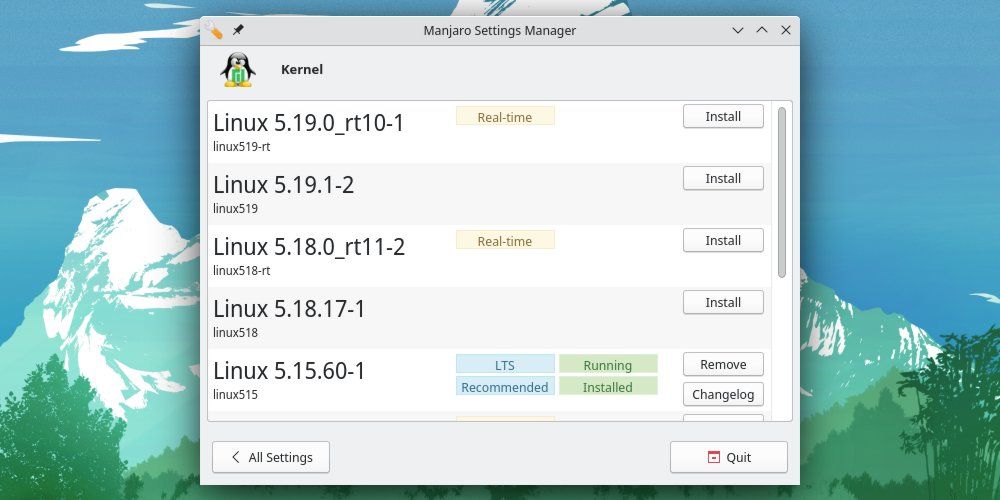 The kernels section of the Manjaro Settings Manager in KDE.