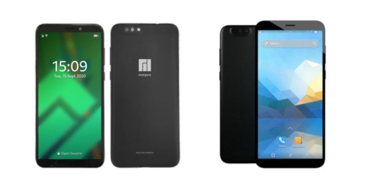 The Manjaro Linux KDE Plasma Mobile PinePhone and PinePhone Pro, shown front and back.