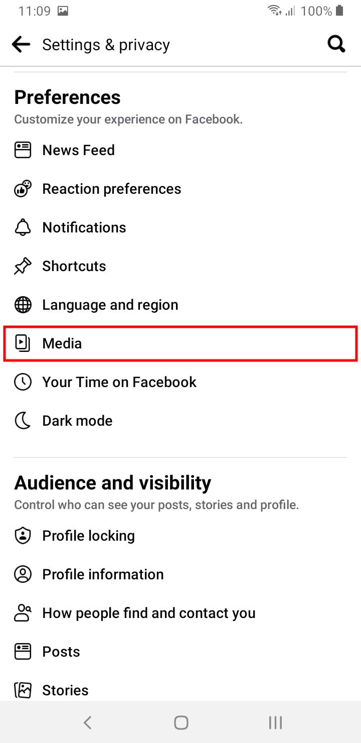 Media Settings Highlighted in the Facebook App