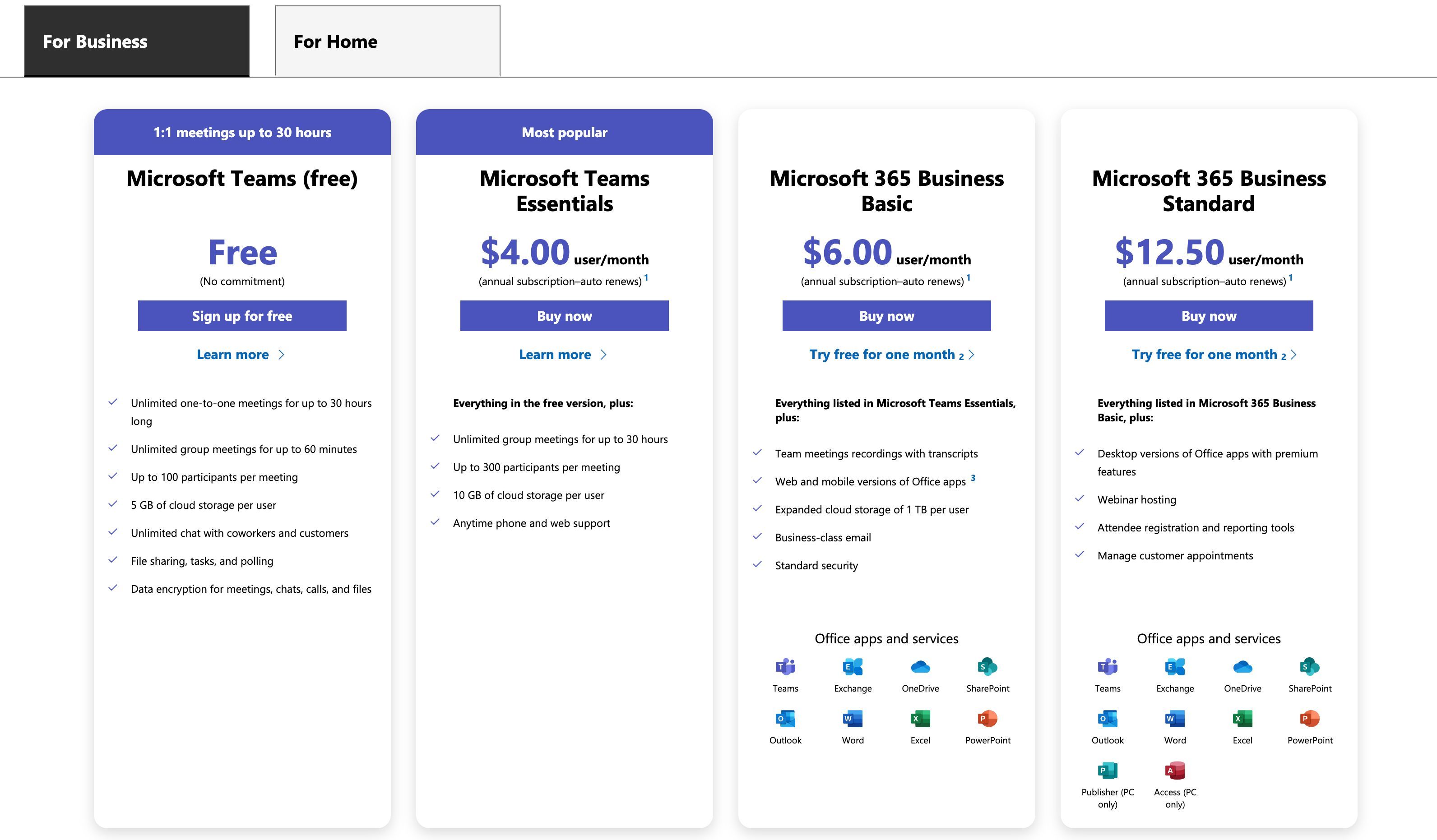 Microsoft Teams Business Pricing Screenshot