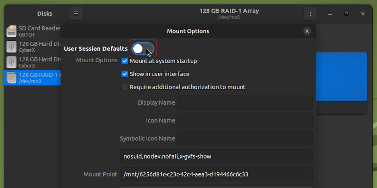 Toggle User Defaults while Mounting RAID Array 