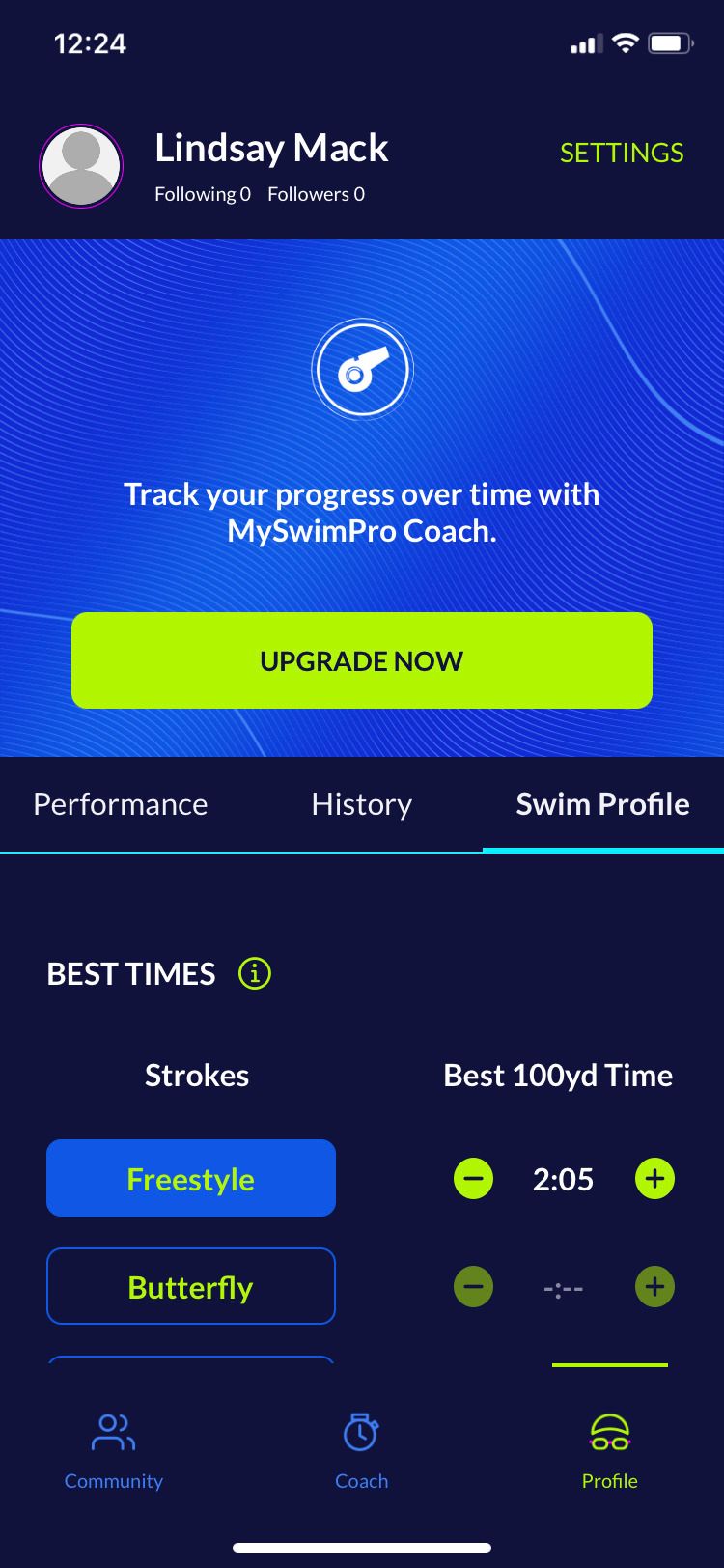 MySwimPro profile screen