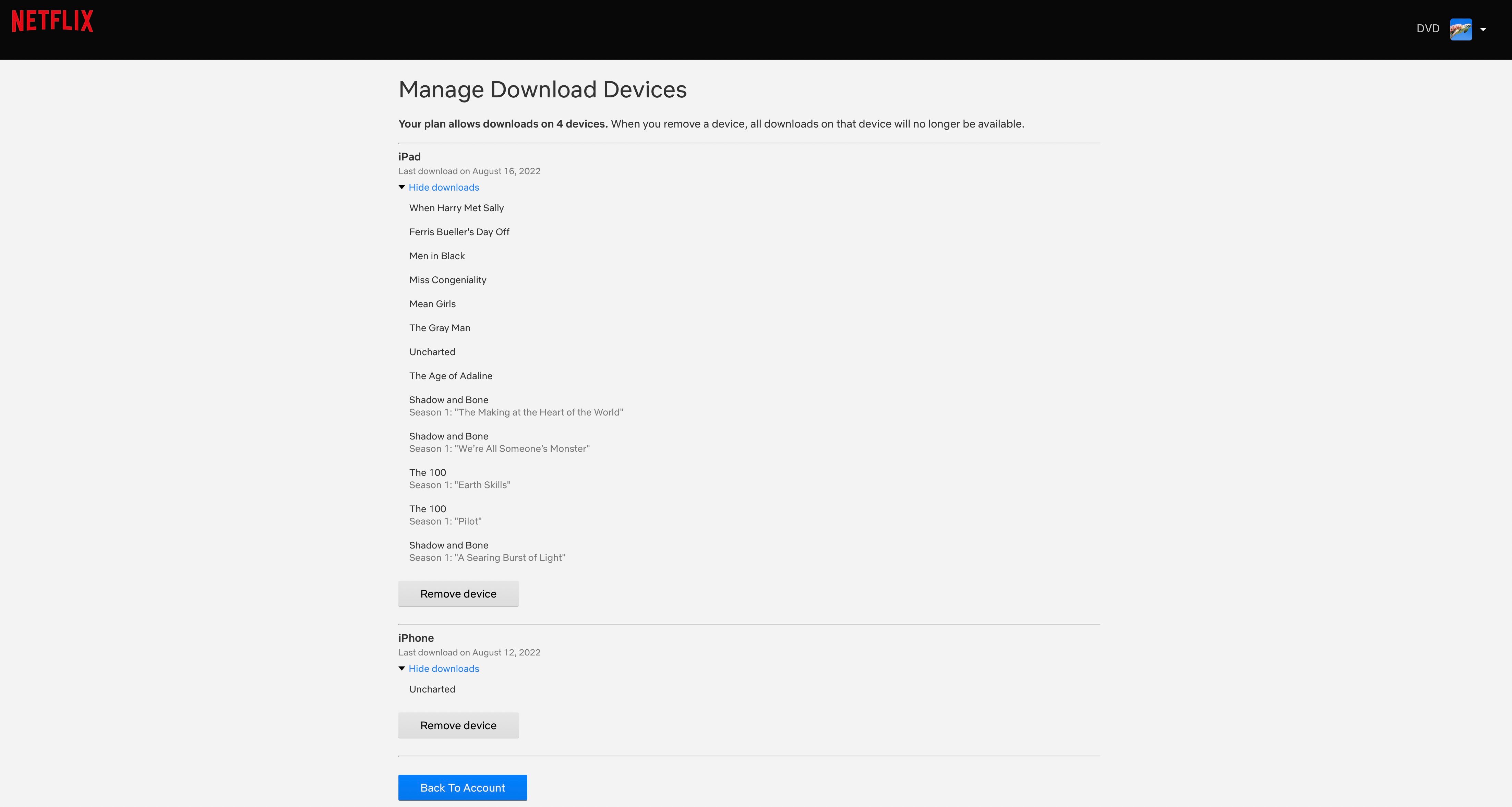 Netflix Remove Device for Downloads صفحه با دکمه‌های حذف دستگاه و لیست دستگاه‌ها.