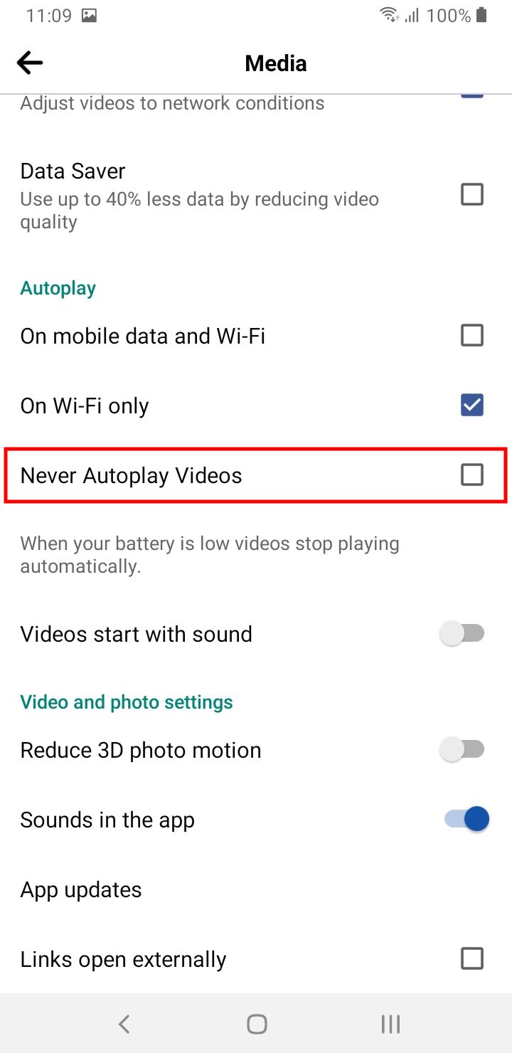 Never Autoplay Videos Option Highlighted in the Facebook App Settings