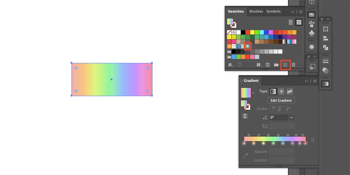 Illustrator canvas with rainbow gradient rectangle. Swatch and gradient menus are both open.