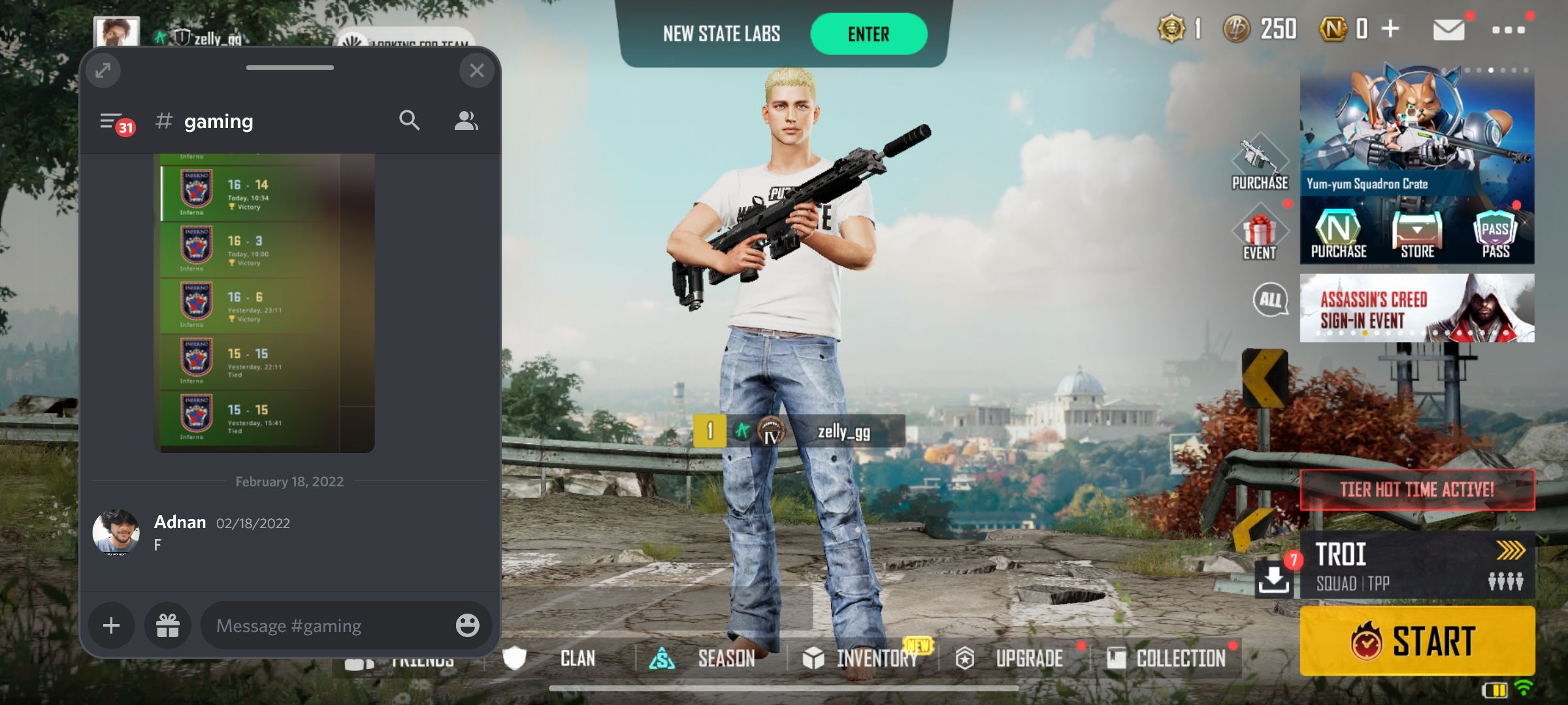 PUBG Mobile with discord open in a floating window 