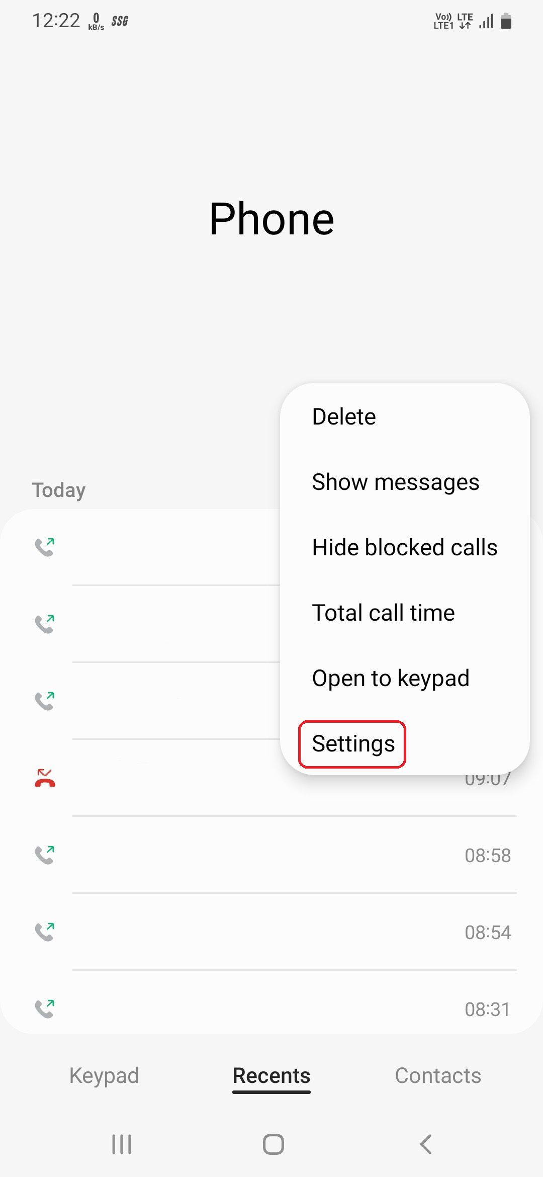 Option for opening call settings