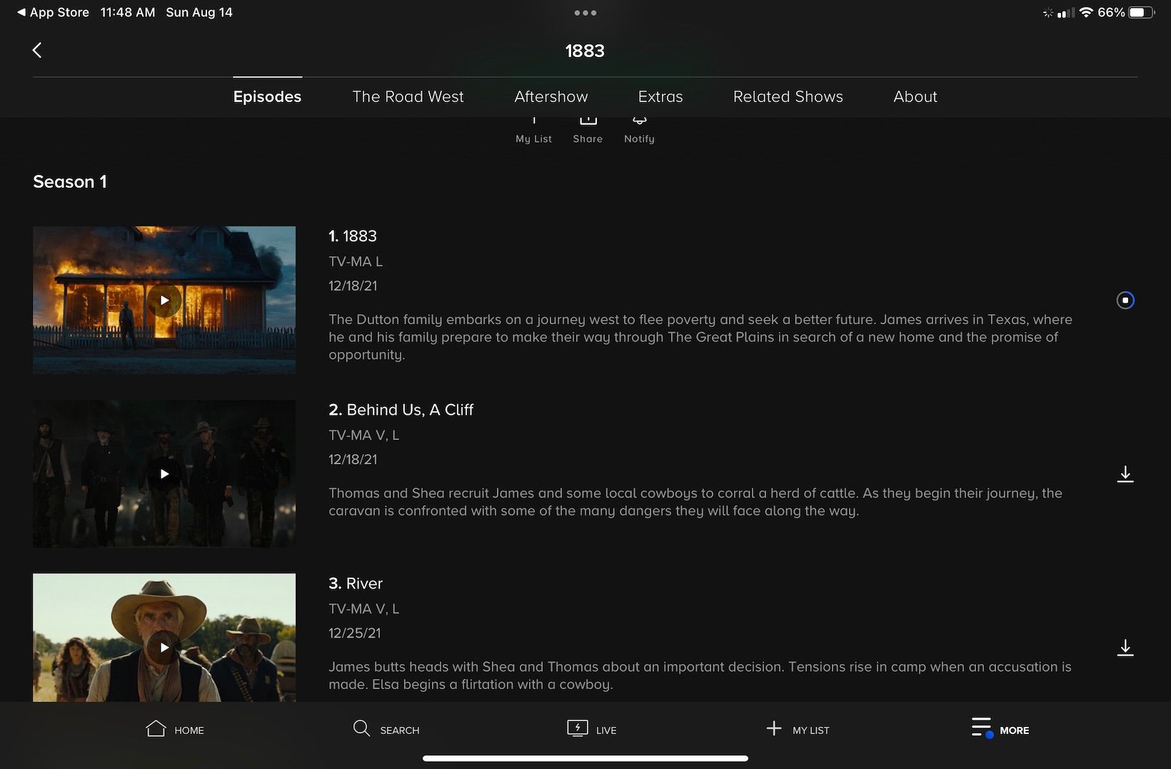 Paramount+ Download Episode Page for Tv Show 1883, Episodes 1-3. Contains Episode descriptions, thumbnails, and download arrows. 