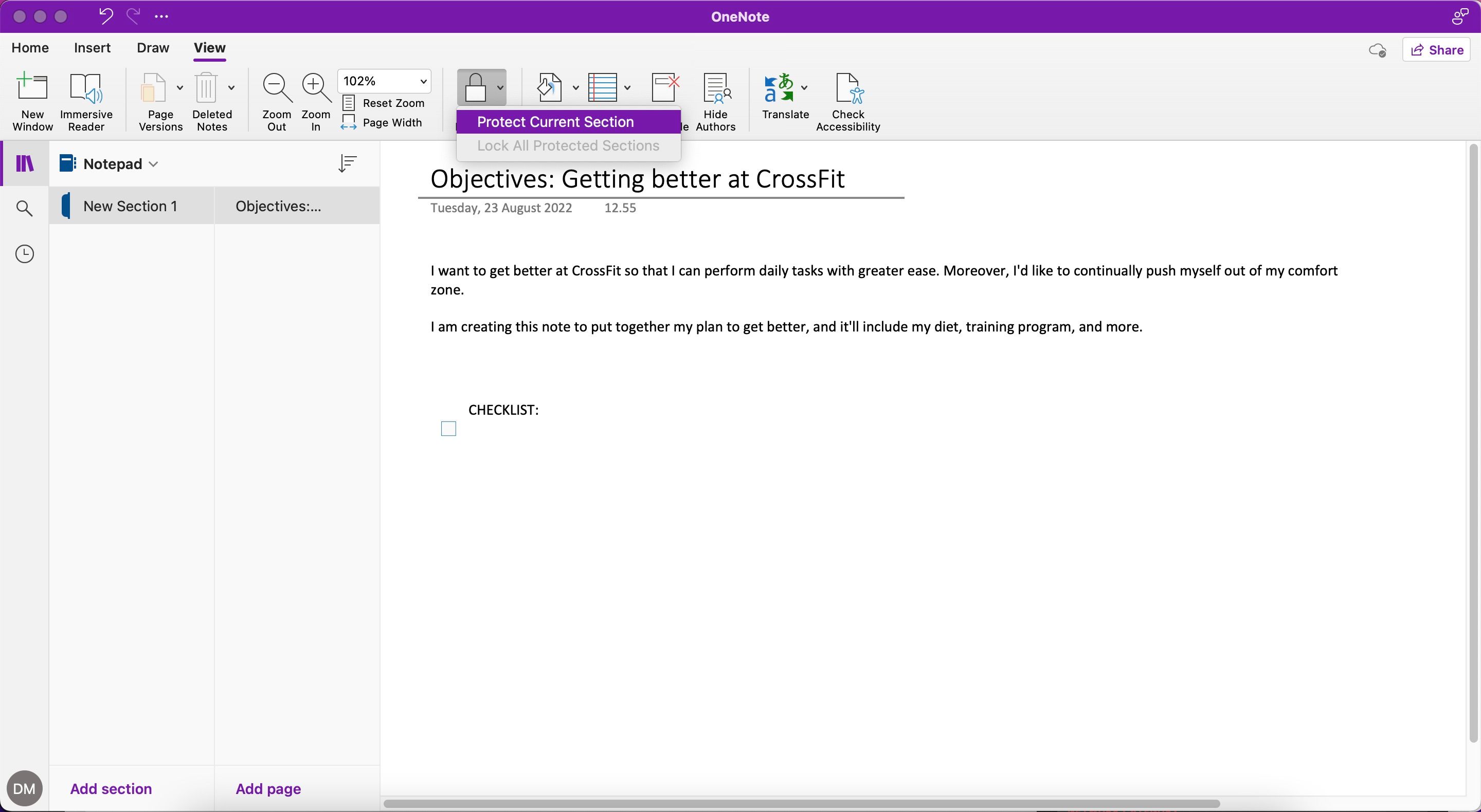 Screenshot showing password protection features on OneNote
