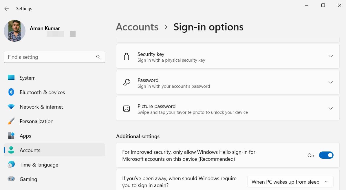 Password option in Settings menu