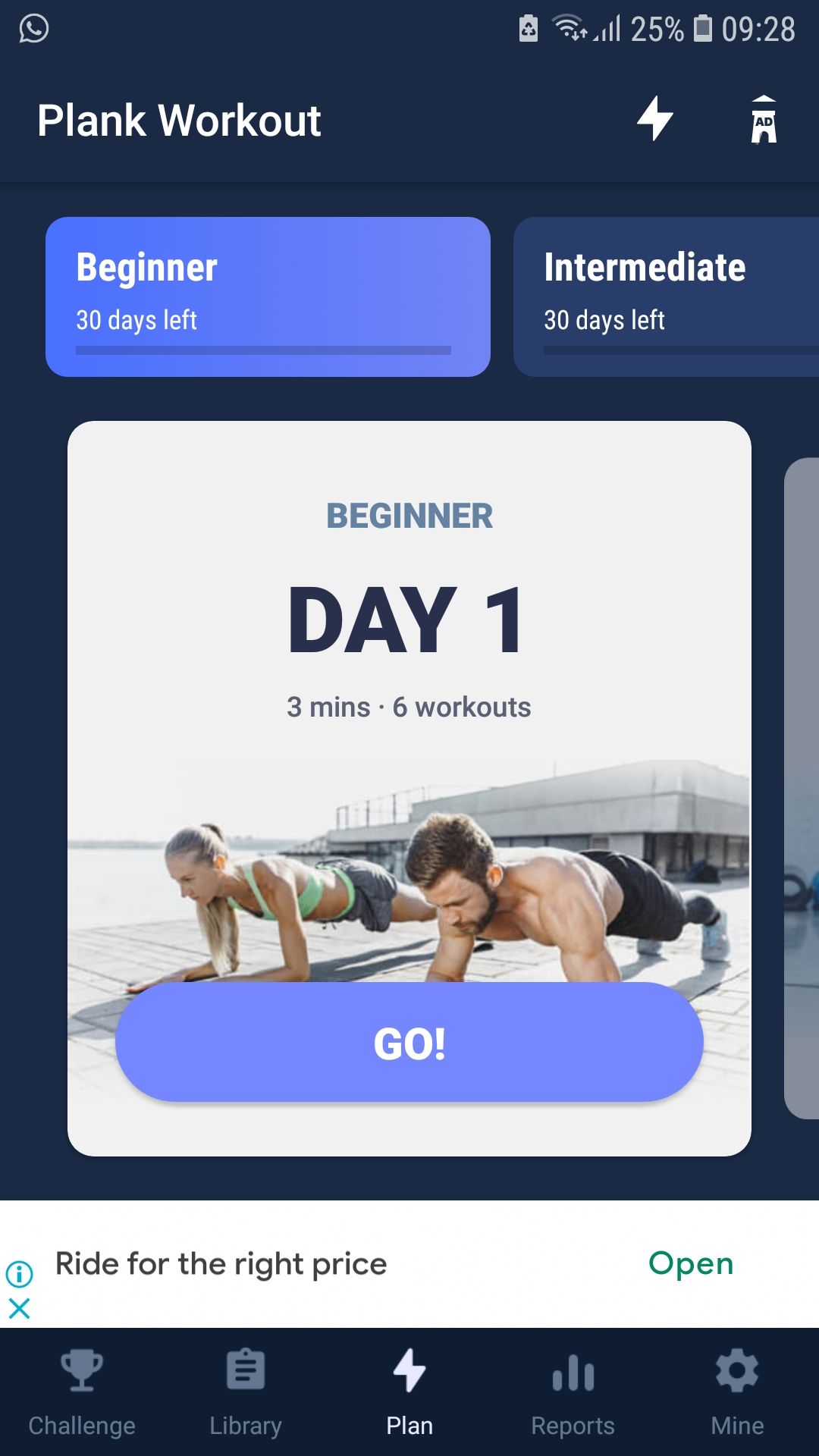 Plank Challenge core workout mobile exercise app