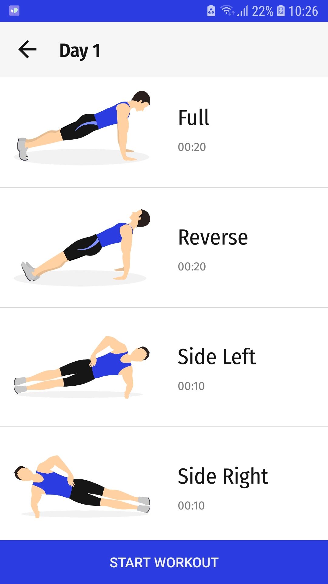 Plank Workout mobile exercise app day 1