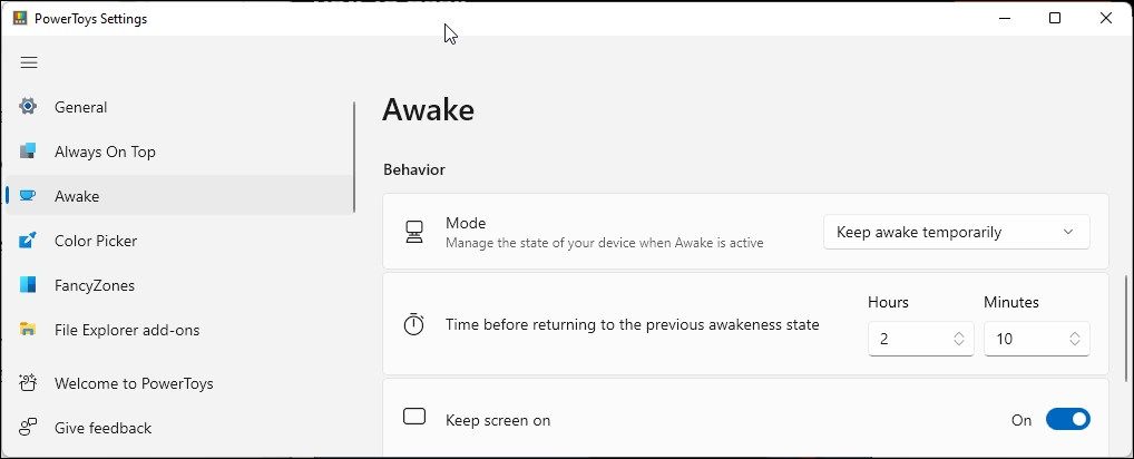 تنظیمات PowerToys حالت بیدار موقت است