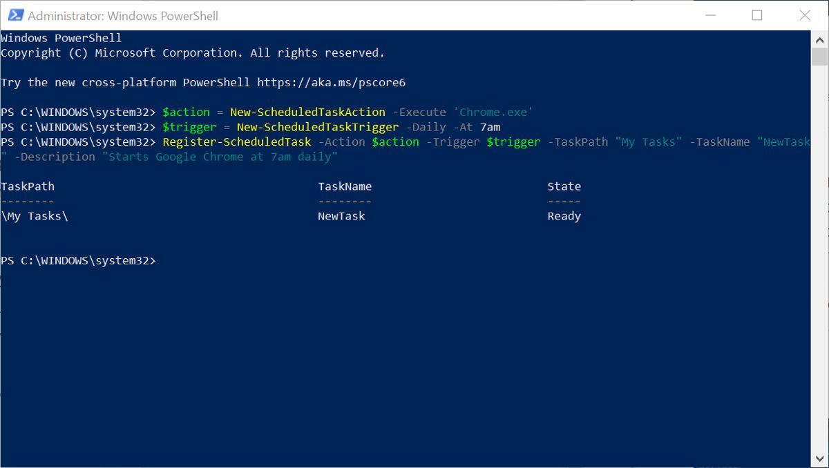 Creating a scheduled task in PowerShell