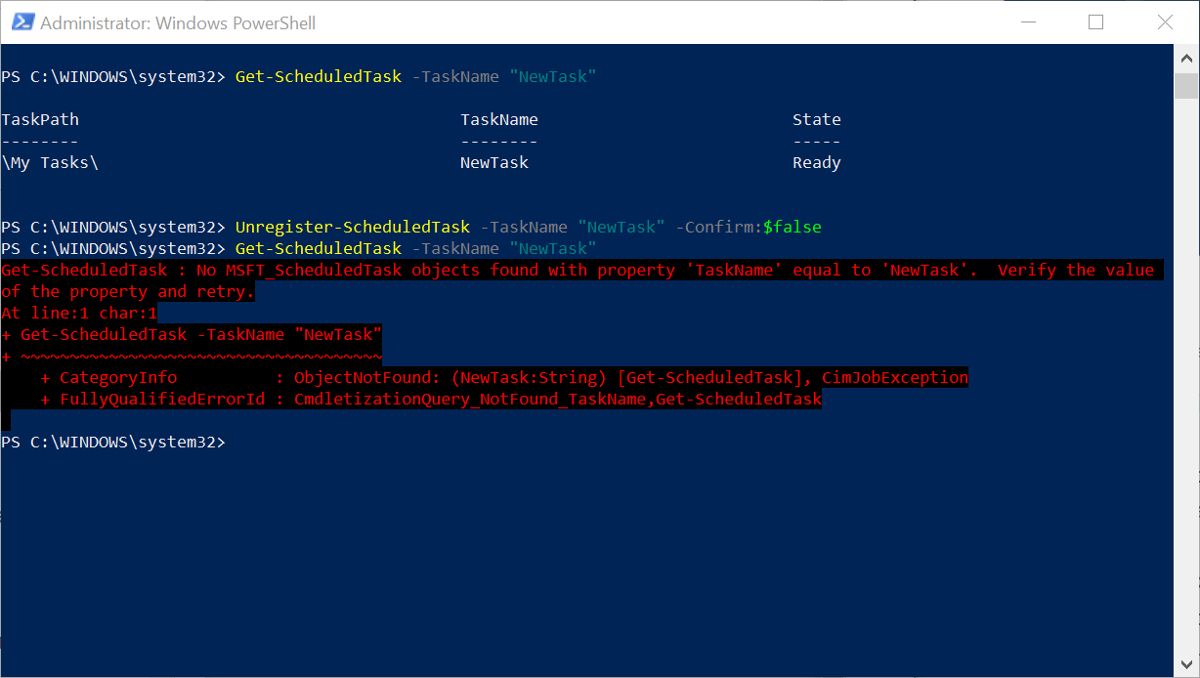 Deleting scheduled tasks in Windows PowerShell
