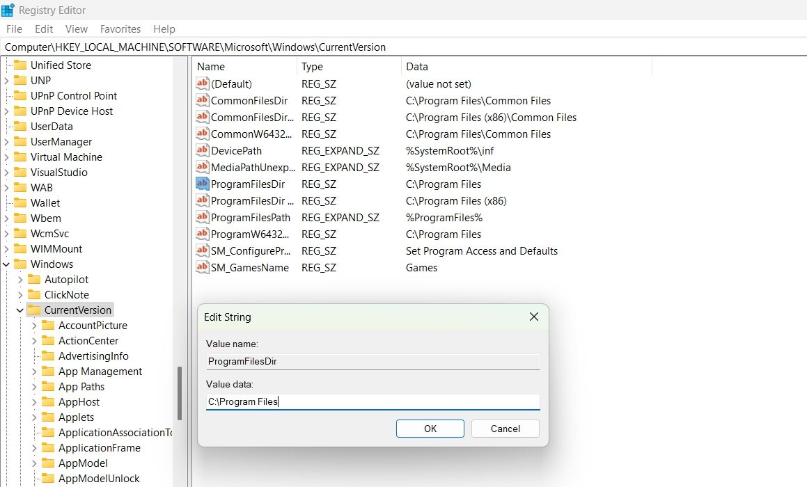 Program Files in the Registry Editor