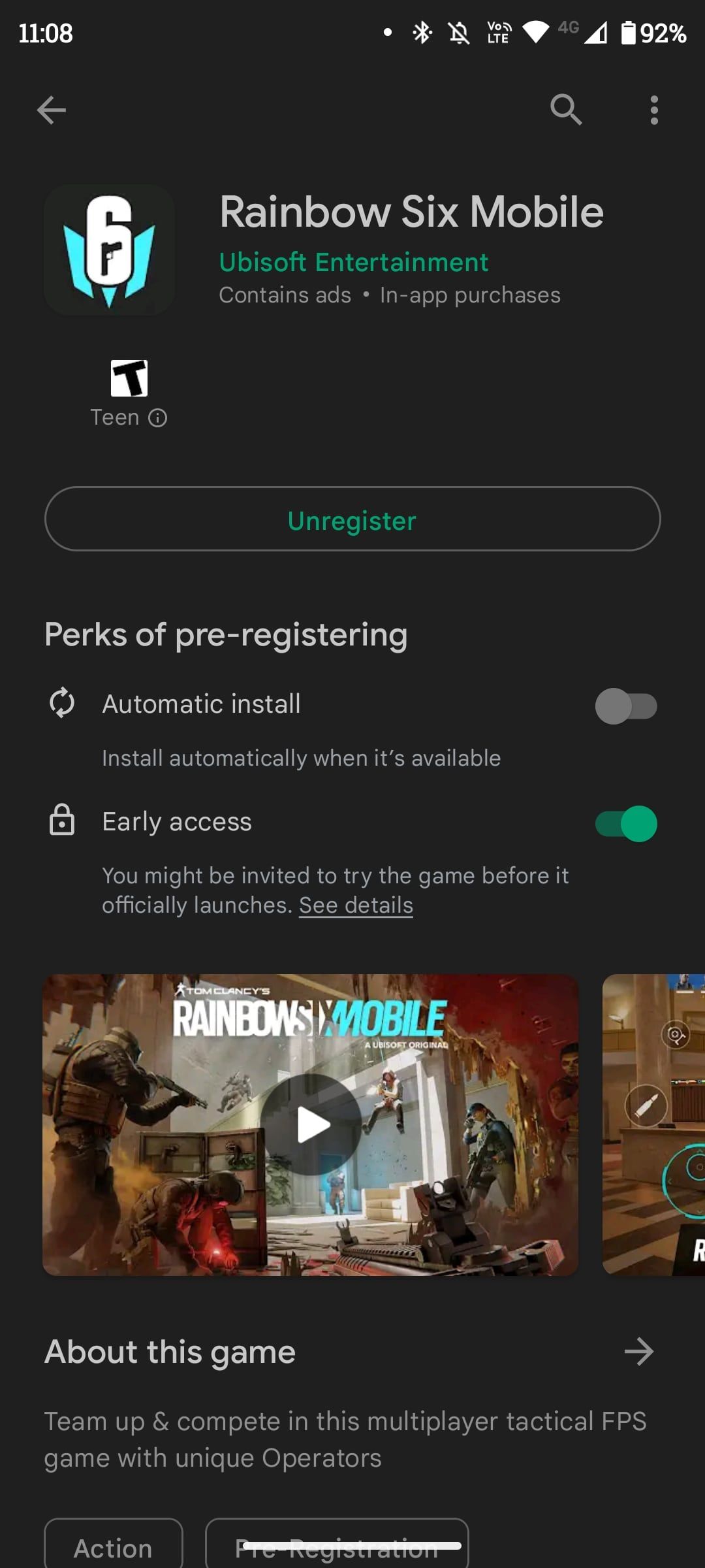 Rainbow Siege pre-register app store page with perk toggles