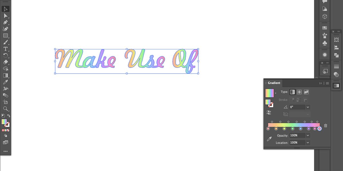 White Illustrator canvas with rainbow gradient text that reads MakeUseOf.