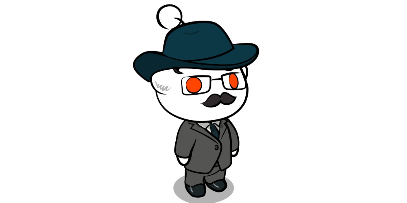 Reddit avatar wearing suit, glasses, and brimmed hat.