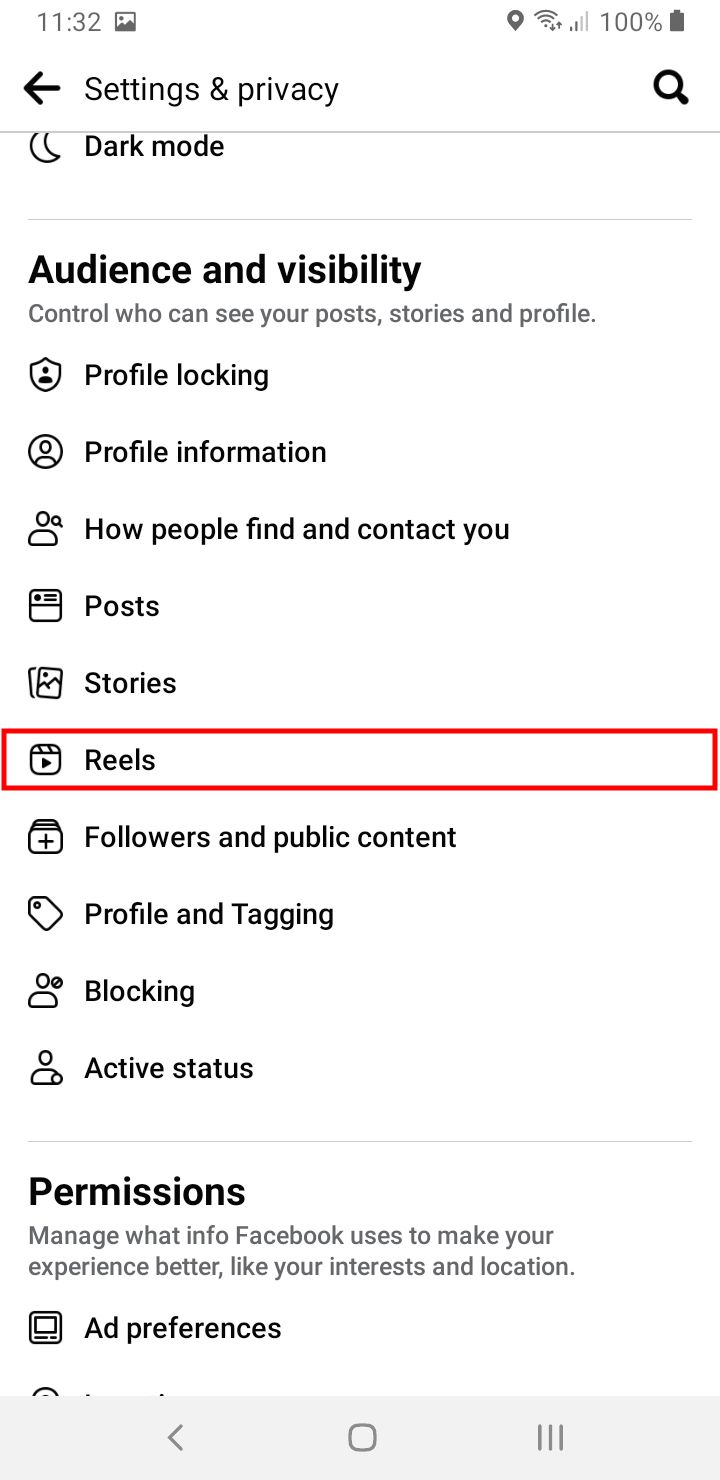 Reels Option Highlighted in the Facebook App Settings