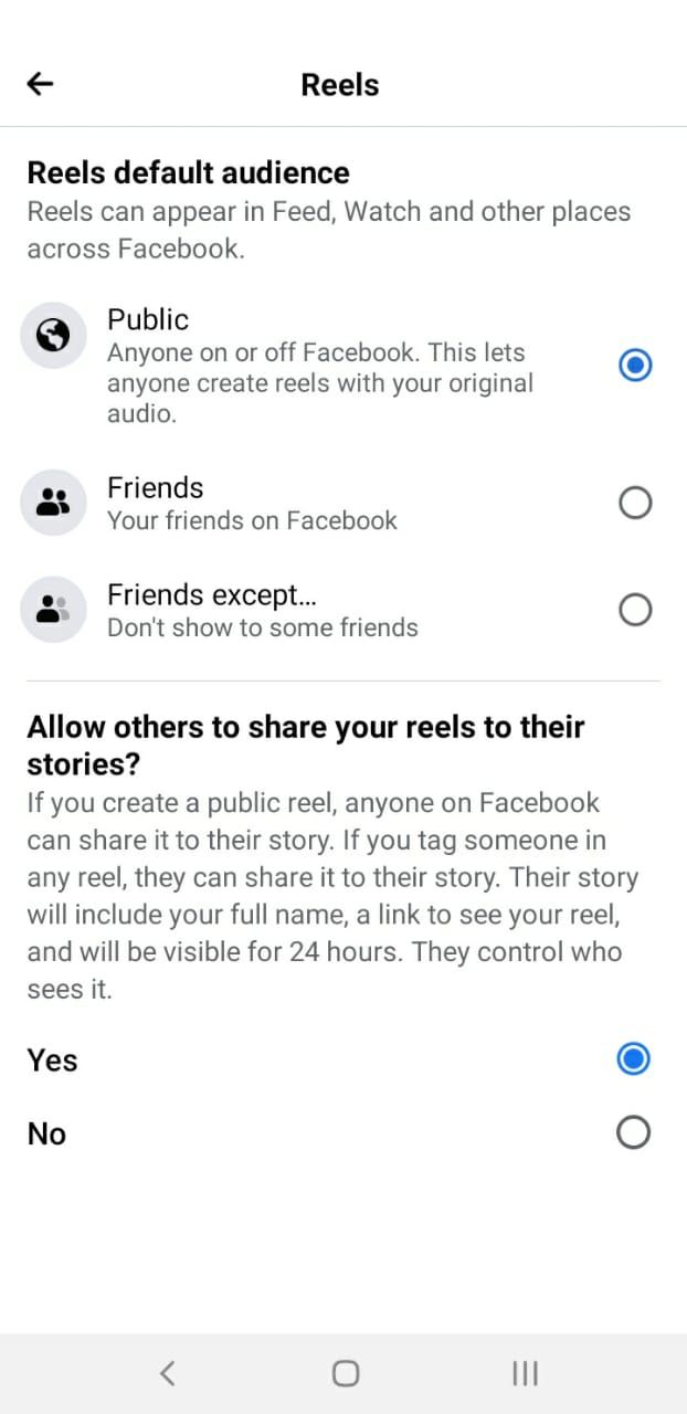 Reels Settings in the Facebook App