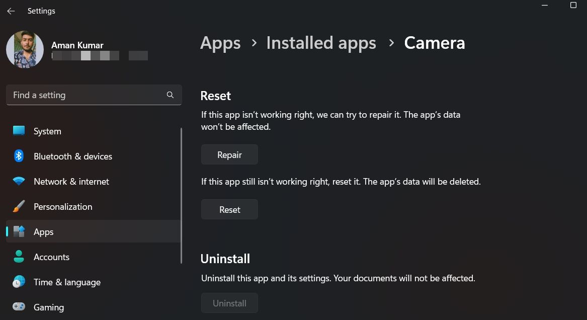 Repair Camera app from Settings