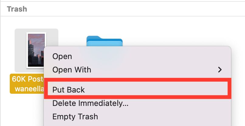 Selecting the Put Back Option from a Dropdown Menu in Trash on Mac