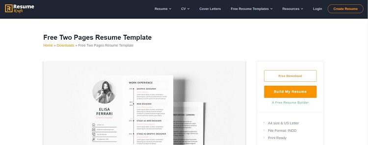 اسکرین شات الگوی رزومه دو صفحه ای رزومه کرافت