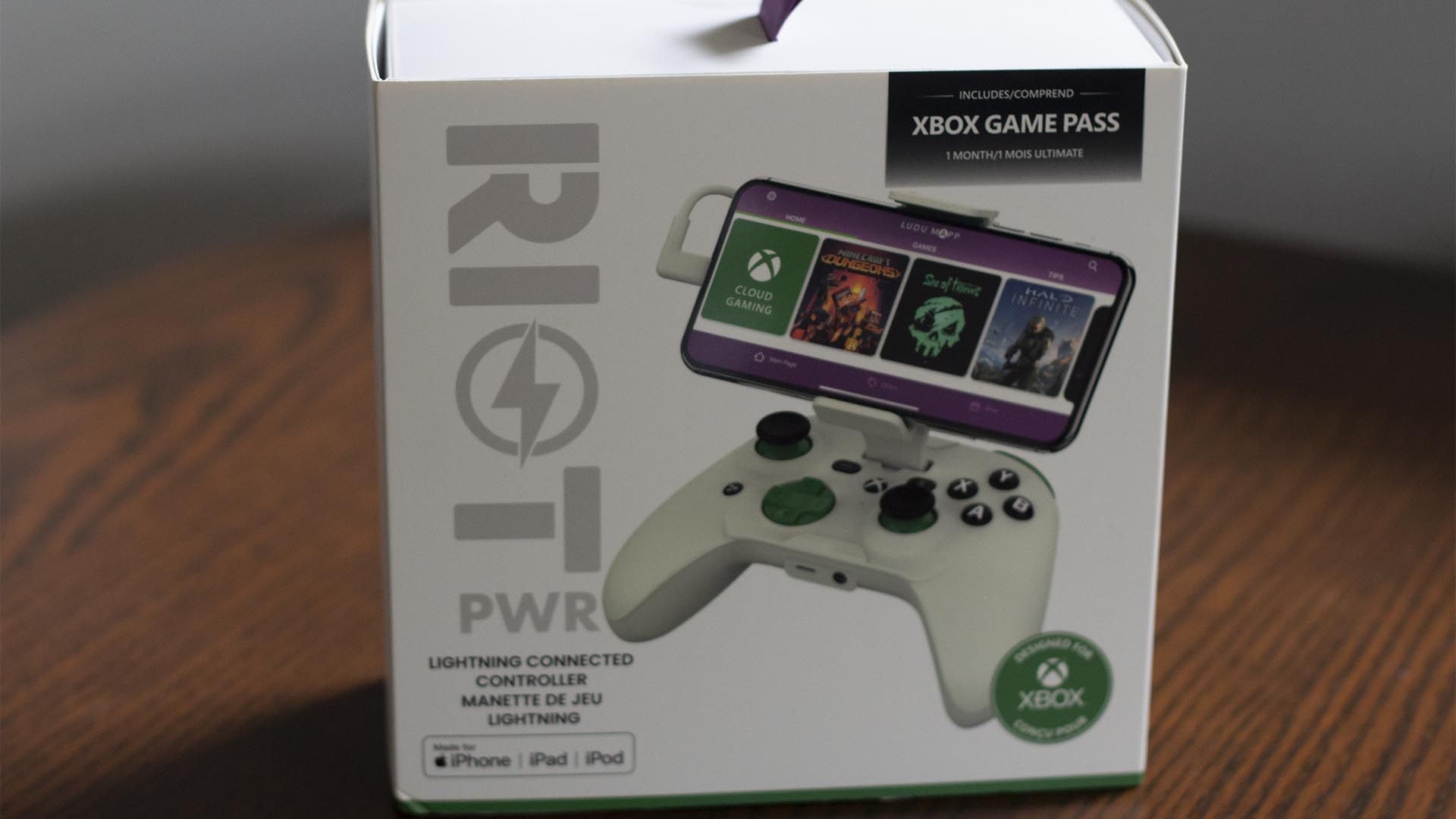 Riot PWR Xbox Controller for iPhone Box on Table
