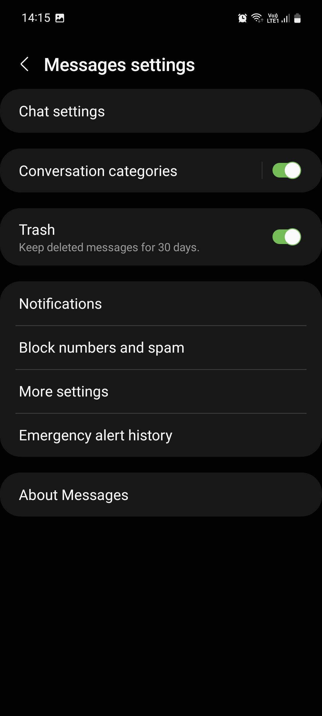 Samsung Messages Messages settings menu