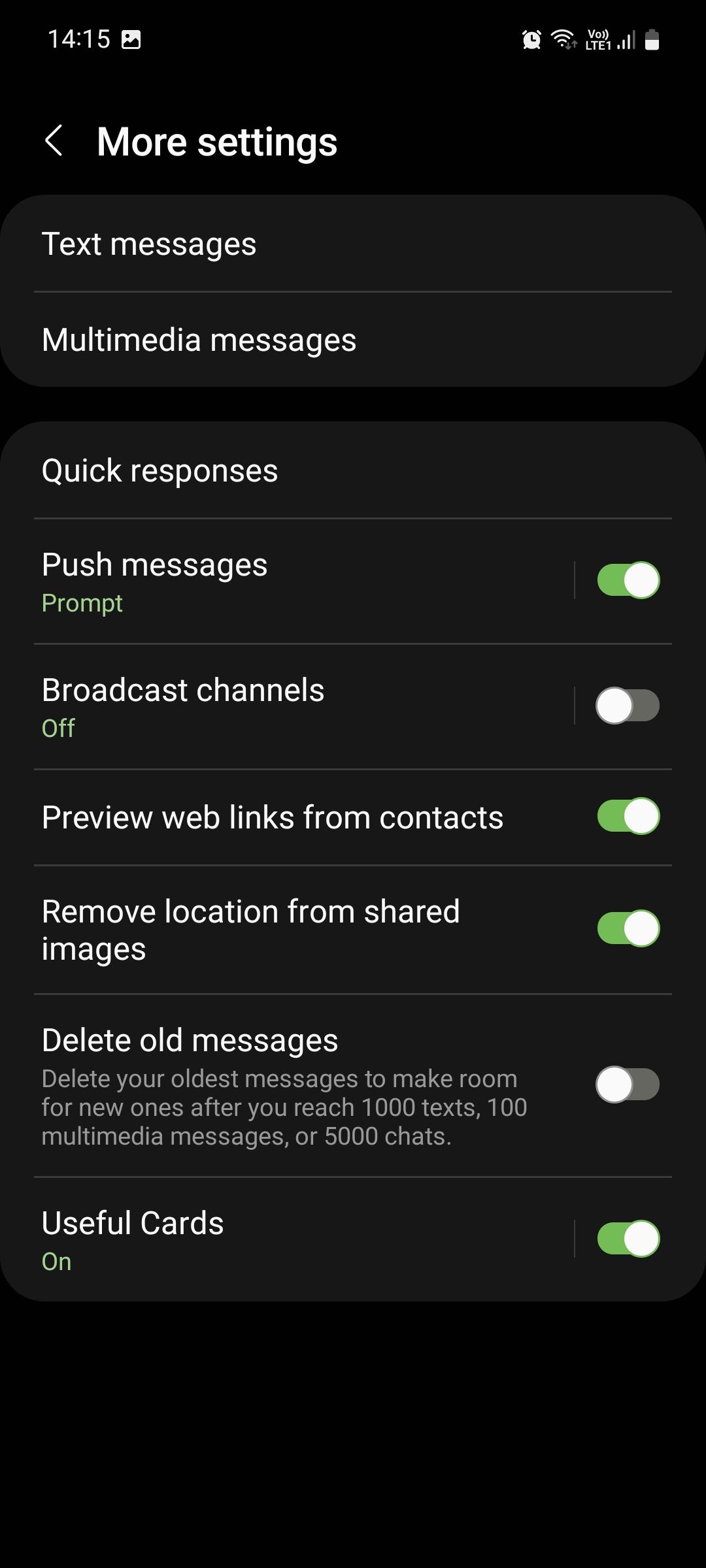 Samsung Messages More settings menu