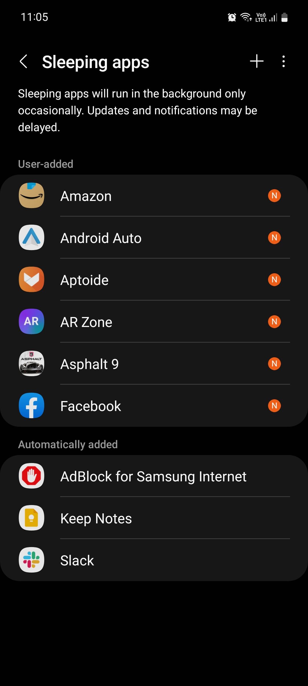 Samsung One UI Sleeping apps list