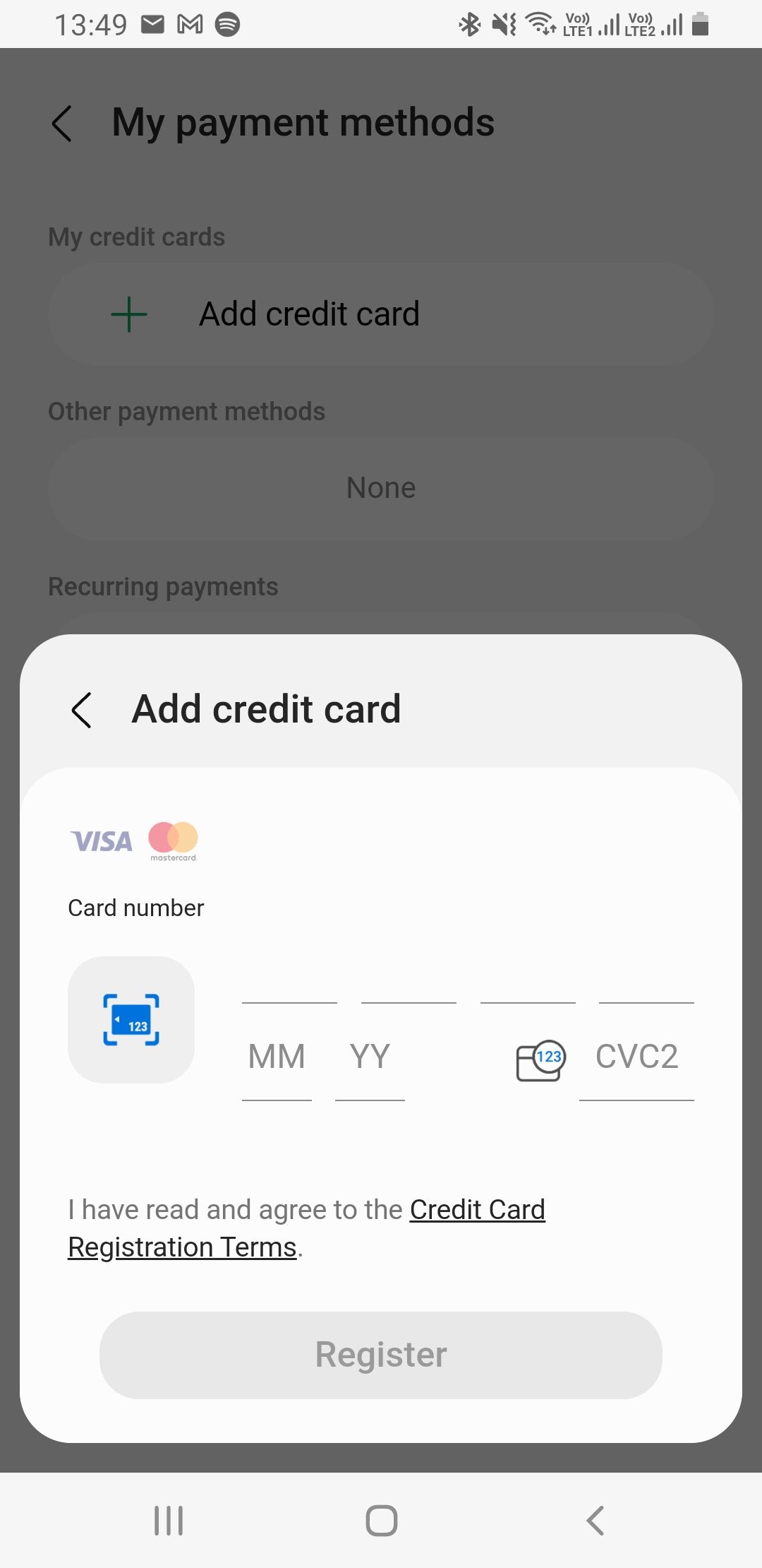 Samsung Pass credit card additon