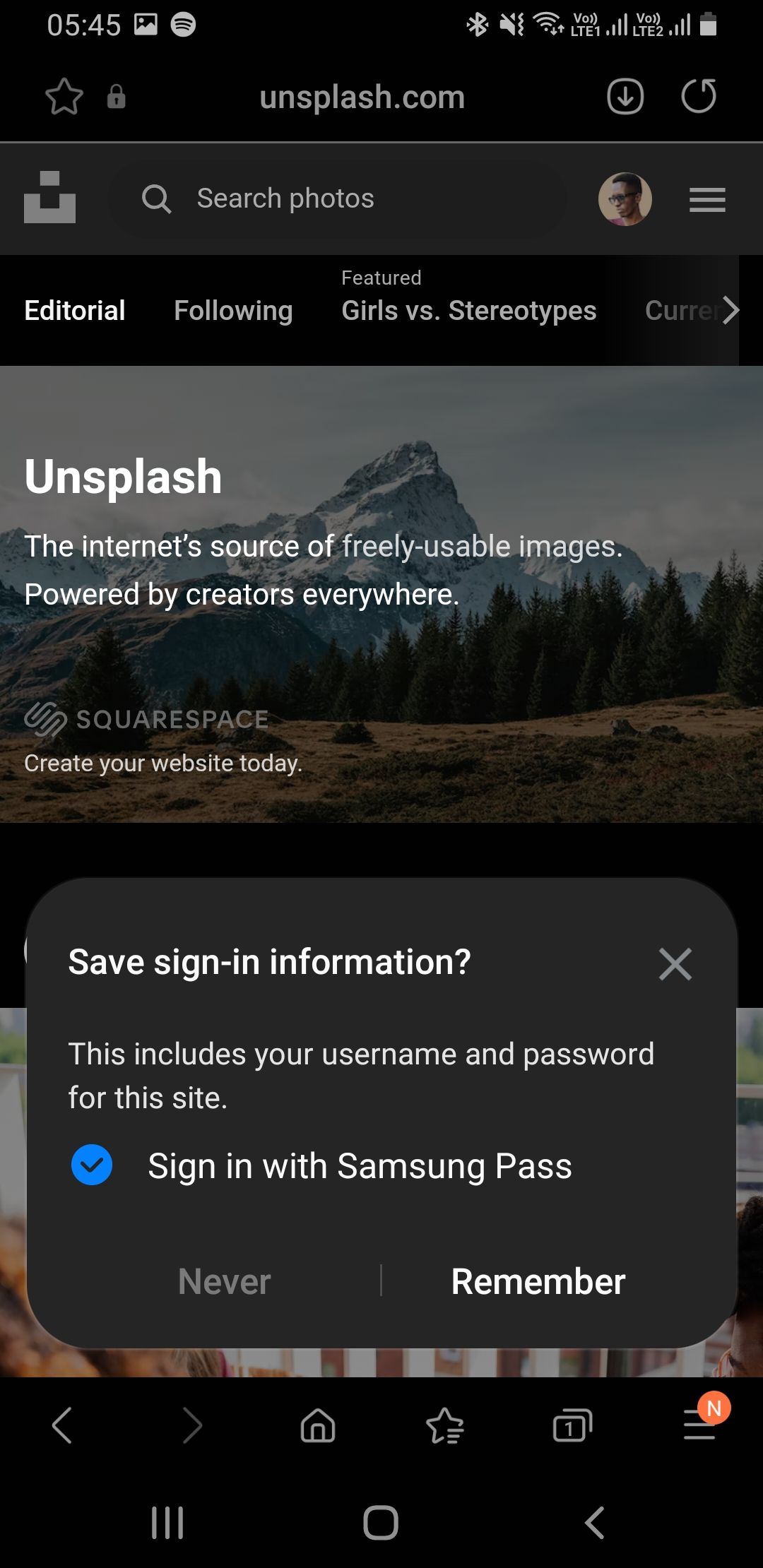 Samsung Pass Remember prompt on browser