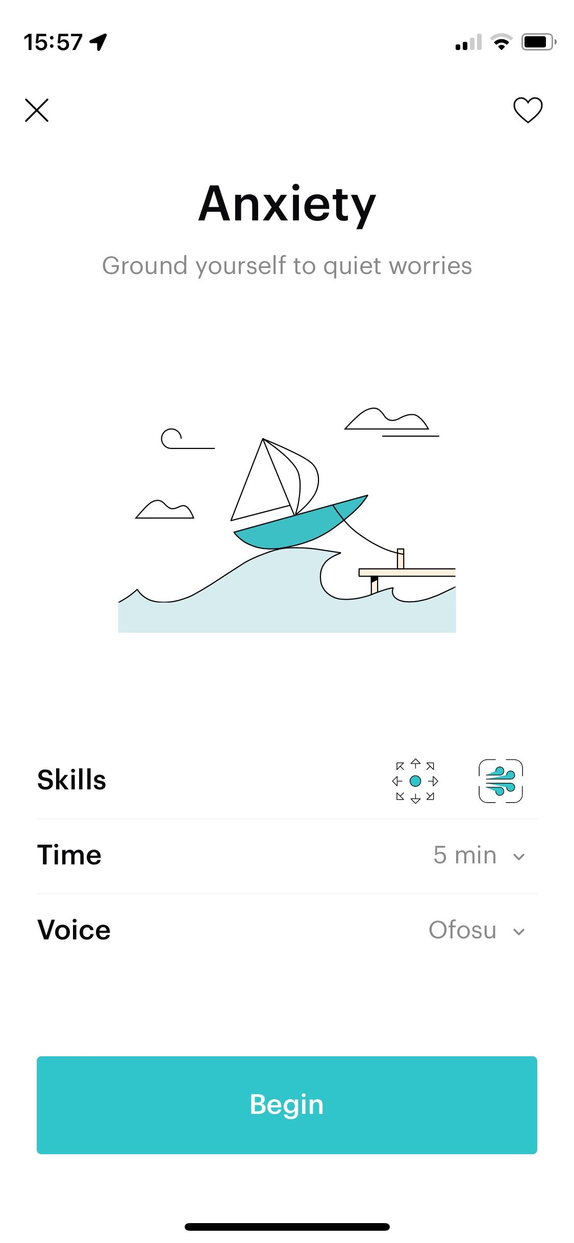 Screenshot of Balance app showing anxiety meditation play screen