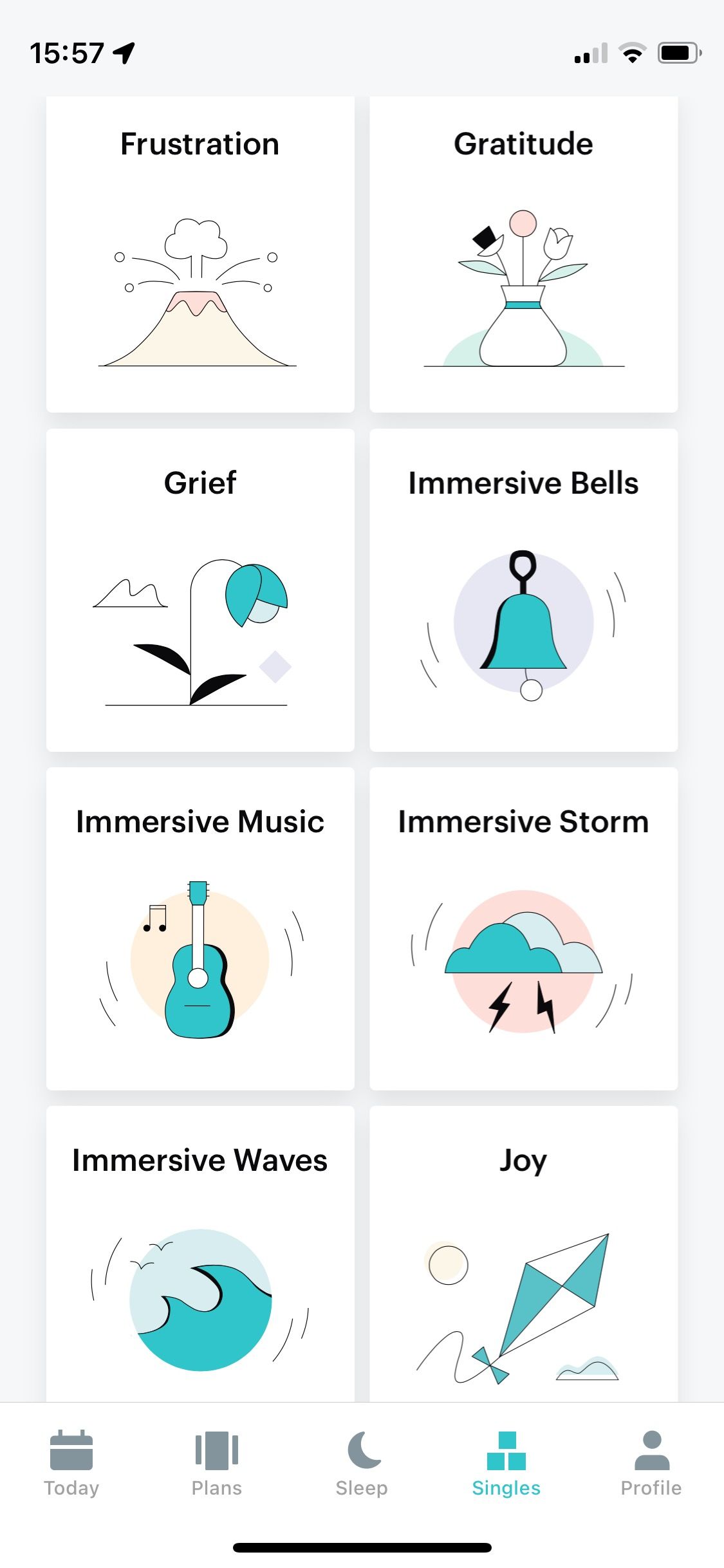 Screenshot of Balance app showing singles meditation options
