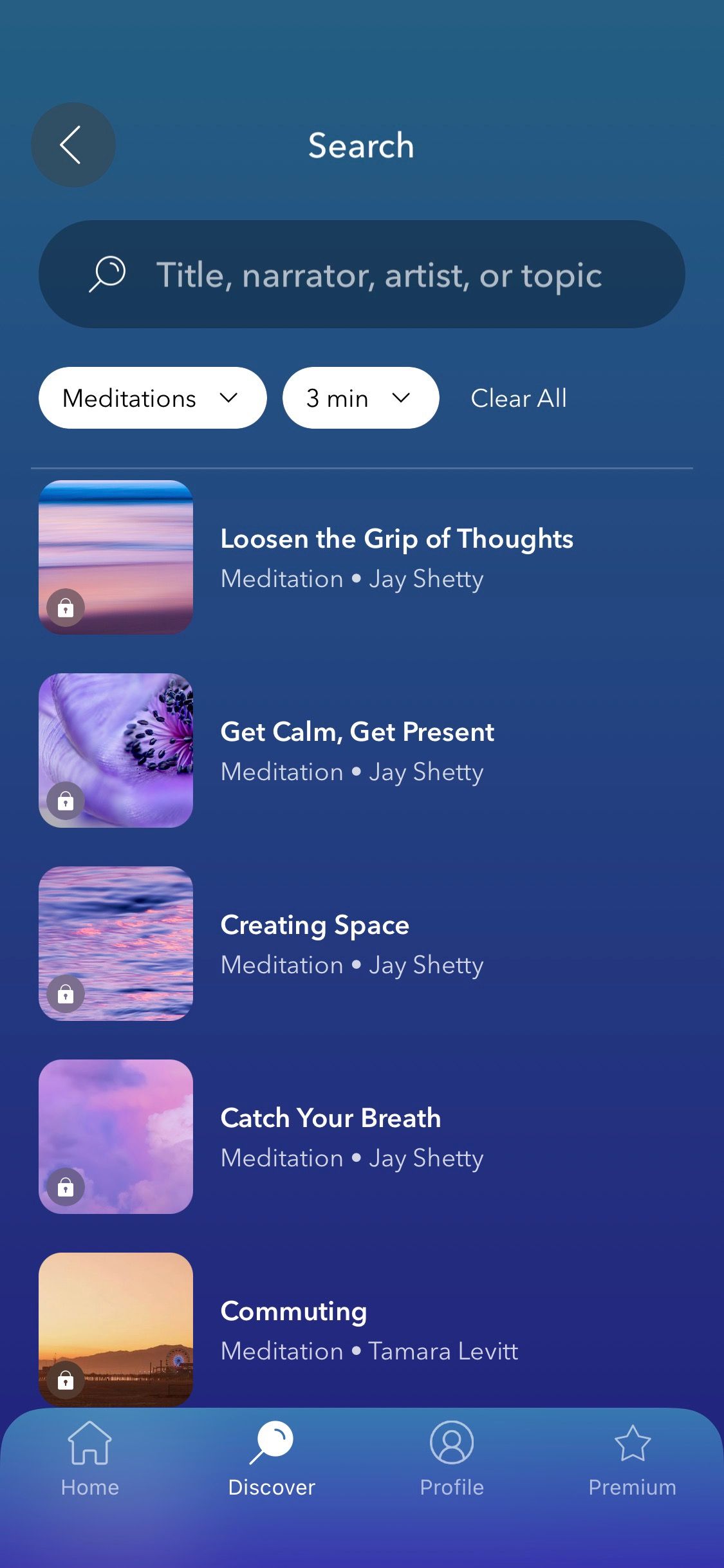 Screenshot of Calm app showing 3 minute meditation options