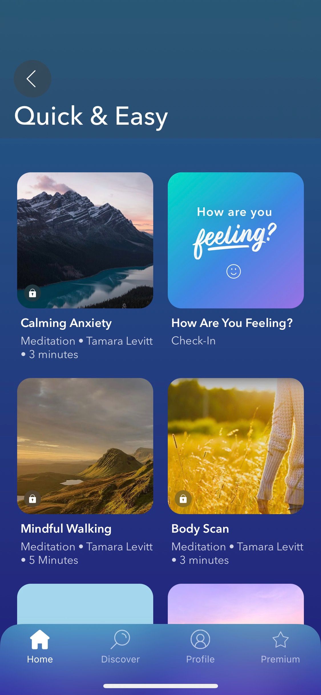 Screenshot of Calm app showing quick and easy meditations
