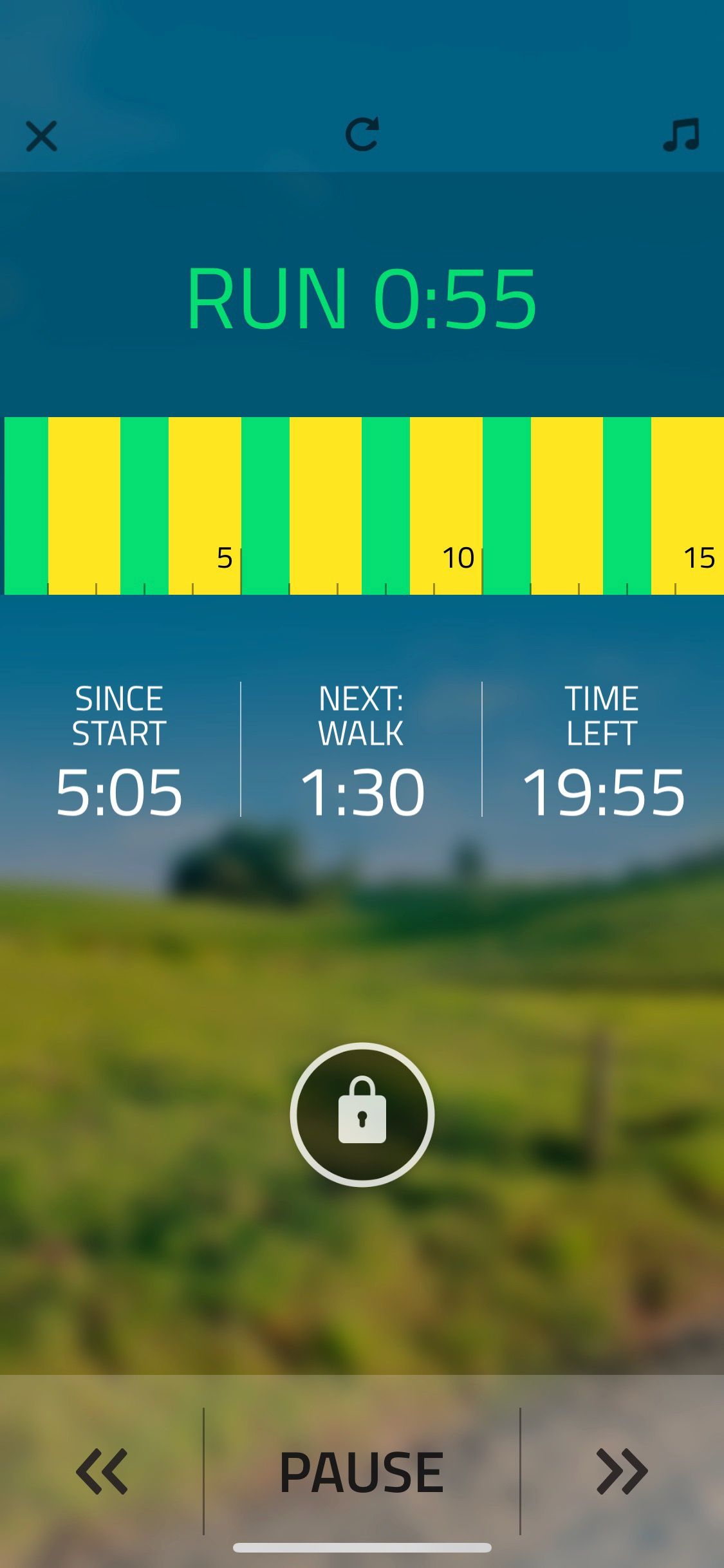 Screenshot of Couch to 5k app showing sample running tracking screen