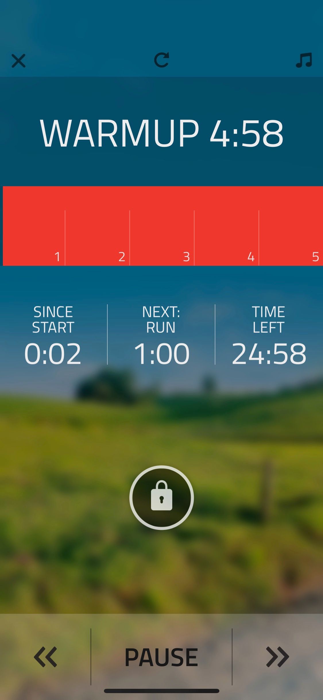 Screenshot of Couch to 5k app showing warmup recording screen