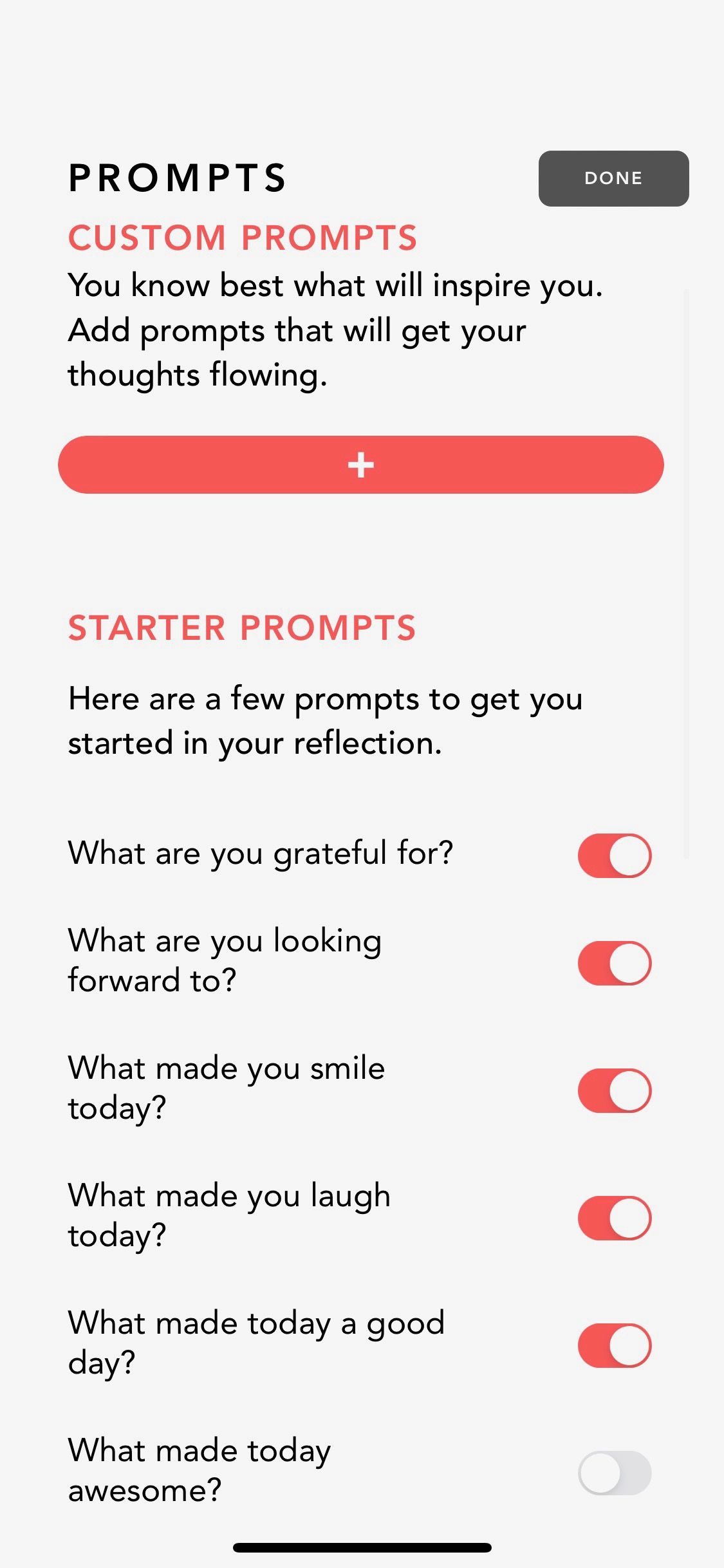 Screenshot of Grateful app showing starter prompts screen
