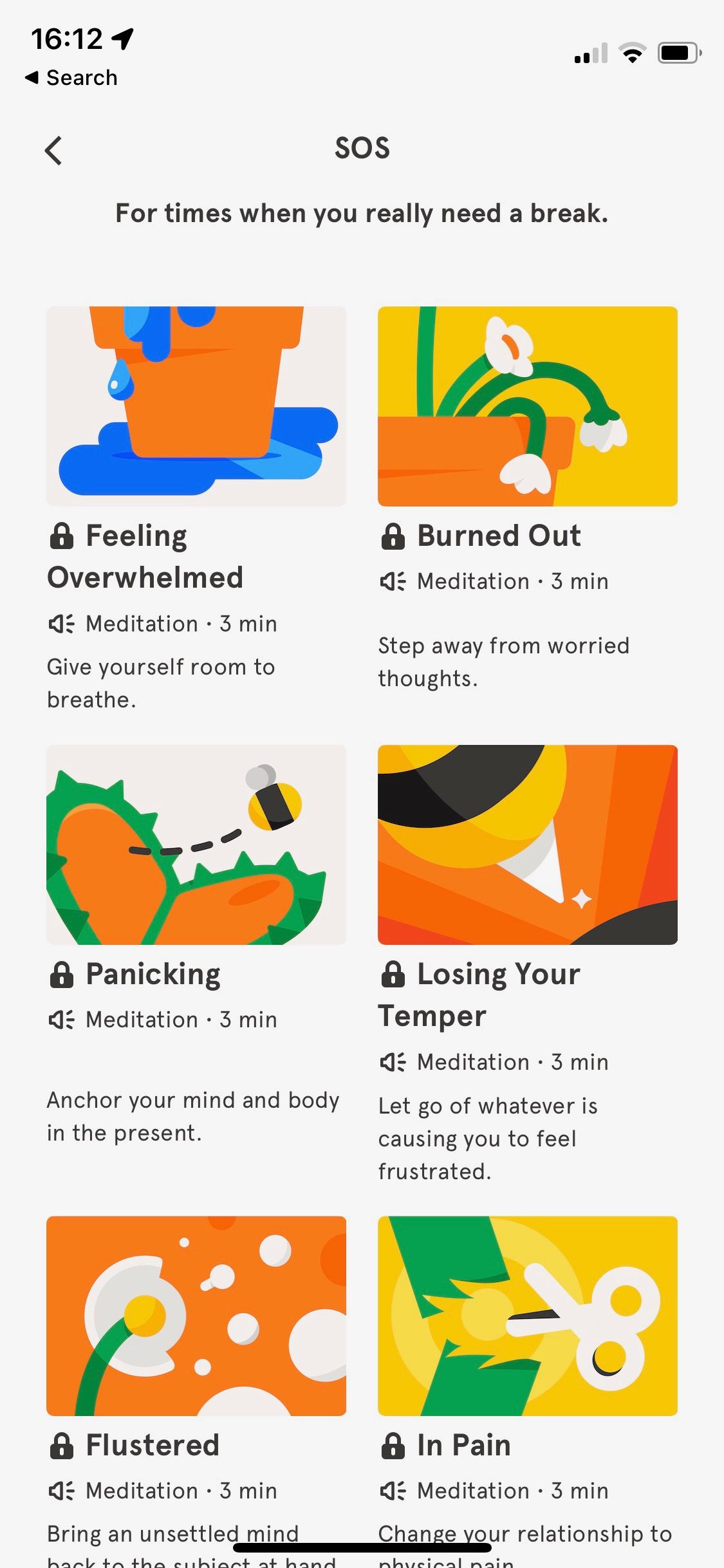 Screenshot of Headspace app showing SOS meditations