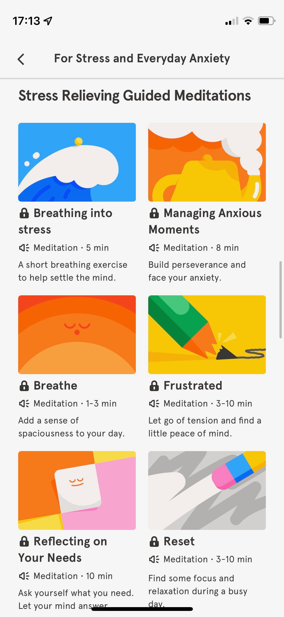 Screenshot of Headspace app showing stress relieving meditations