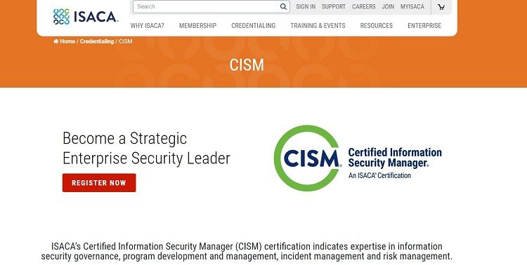 Screenshot of ISACA CISM certificaton page