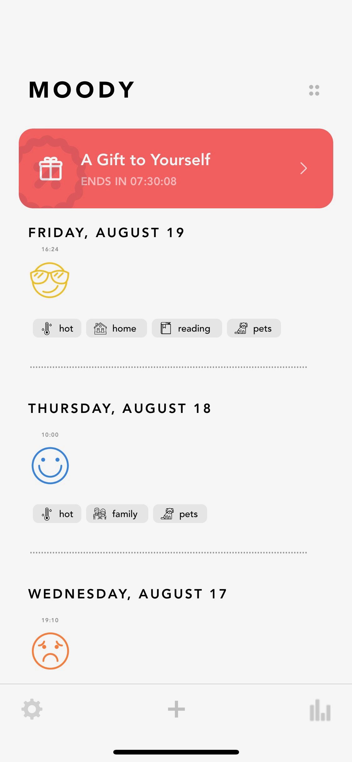 Screenshot of Moody app showing  mood tracking
